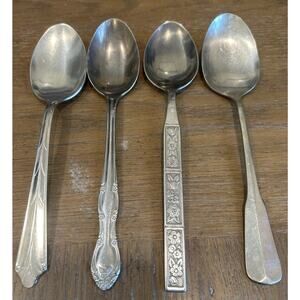 Vtg Lot of 4 Large Serving Spoons 9” Mixed Patterns Floral Flatware MCM